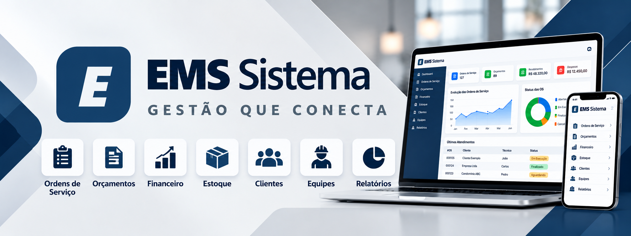EMS Sistema — Gestão que Conecta: ordens de serviço, orçamentos, financeiro, estoque, clientes, equipes e relatórios, com acesso pelo computador e celular.